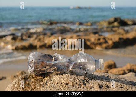 Bouteille en plastique jetée sur la pollution écosystème marin contaminé, déchets environnementaux Banque D'Images