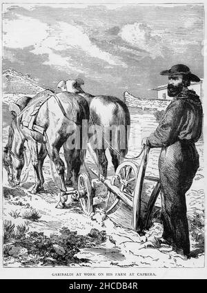 Gravure de Garibaldi à l'œuvre sur sa ferme de l'île de Caprera en Italie.Giuseppe Maria Garibaldi (1807 – 1882) était un général italien, patriote, révolutionnaire et républicain.Il a contribué à l'unification italienne et à la création du Royaume d'Italie. Banque D'Images