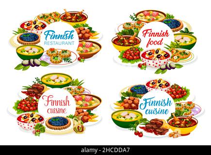 Le menu du restaurant finlandais propose des plats et des repas de la Finlande, Vector.Menu de cuisine finlandaise avec ragoût de viande et boulettes de viande, saumon Illustration de Vecteur