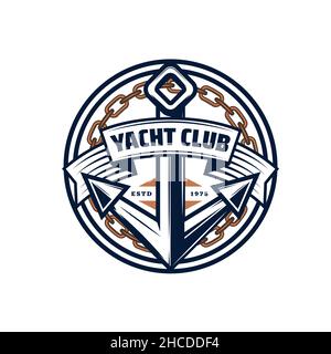 Icône de vecteur de club de yacht d'ancre nautique, bateau à voile ou chaîne de bateau et bannière de ruban.Emblème héraldique nautique ou badge de voile et de voile spo Illustration de Vecteur