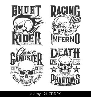 Imprimés t-shirt avec mascotte vecteur crâne pour club de course ou emblème de la société de motards avec crâne, tête de mort en feu.Imprimé t-shirt, tatouage ou monochrome Illustration de Vecteur