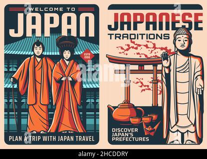 Japon culture et religion rétro vecteur affiches, traditions japonaises et Voyage points de repère.Pagode du bouddhisme japonais, porte de Tori, sakura de cerisier Illustration de Vecteur