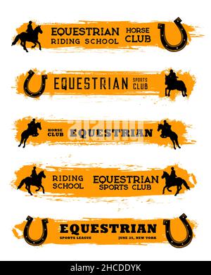 Bannières vectorielles de club de sport équestre d'équitation et de course.Fers à cheval, chevaux de course et jockeys, harnais équin et casques de cavaliers, silho Illustration de Vecteur