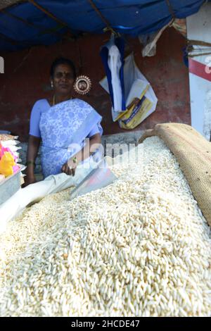 Une femme Telugu qui vend du riz soufflé à Kuppam, dans l'Andhra Pradesh, en Inde. Banque D'Images
