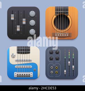 Enregistrement sonore, mélangeur audio musical, icône de l'application guitare.Instruments à cordes électriques et acoustiques vectoriels, égaliseurs et tuners 3D éléments.Boutons de lecture Illustration de Vecteur