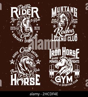 Imprimés de t-shirts avec têtes d'étalon de cheval, sports équestres, courses et mascottes vectorielles de club de fitness.Mare animal, cheval et typographie sur grunge marron b Illustration de Vecteur
