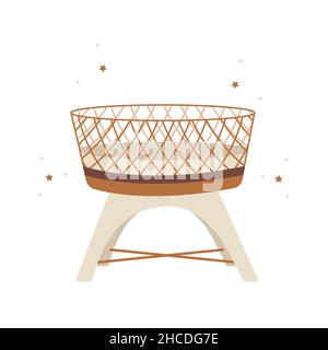 Berceau de bébé boho.Lit bébé scandinave en bois dessiné à la main pour nouveau-né isolé sur fond blanc.Illustration vectorielle de style dessin animé plat Illustration de Vecteur