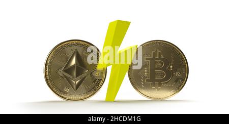 3D rend Ethereum vs Bitcoin concept: BTC d'or contre ETH coin dans les marchés boursiers internationaux de blockchain.Defi crypto-monnaie bancaire. Banque D'Images