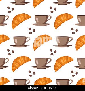 Motif sans couture avec croissants, tasses, soucoupes et grains de café.Joli imprimé avec pâtisseries et boissons pour les menus de cafés et de restaurants, textiles, papier et design.Illustration vectorielle plate Illustration de Vecteur