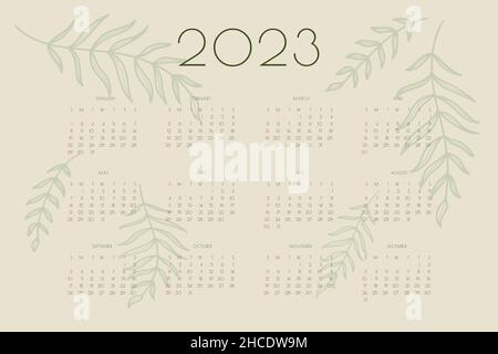 calendrier 2023 avec des feuilles et des branches dessinées à la main, modèle d'organiseur de planificateur en vert naturel de style écologique . Illustration de Vecteur
