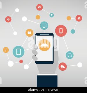 Internet des objets coloré, concept de conception de Cloud Computing avec icônes - divertissement à domicile, connexions réseau, contexte technologique Illustration de Vecteur