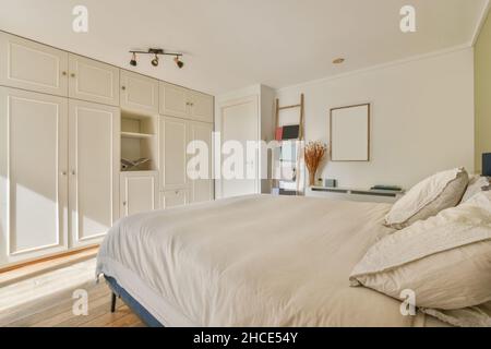 Lit confortable avec coussins et armoire blanche intégrée placée dans une chambre spacieuse dans un appartement moderne Banque D'Images