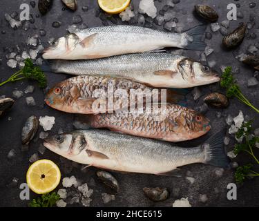 Vue de dessus d'un assortiment de poissons entiers frais crus et de moules servis sur une table avec des tranches de citron coupées et des cubes de glace pendant la préparation du dîner Banque D'Images
