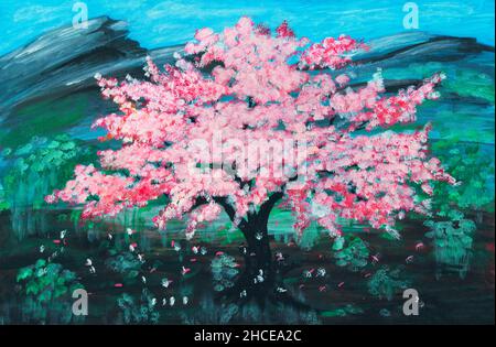 Peinture à l'huile sur toile d'un cerisier sakura rose en pleine floraison sur le champ vert Banque D'Images