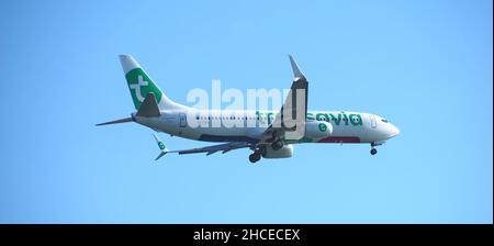 Avion Transavia avec logo vert volant au ciel bleu Banque D'Images