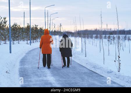 Deux femmes âgées sont engagées dans la marche sportive dans le parc.Sporty style de vie en plein air Banque D'Images
