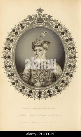 Akbur Shah II(Frontispice) [Akbar II (Perse 22 avril 1760 – 28 septembre 1837), également connu sous le nom de Akbar Shah II, était le dix-neuvième empereur moghol de l'Inde.Il a régné de 1806 à 1837.Il était le deuxième fils de Shah Alam II et le père de Bahadur Shah II.] du livre The Oriental Annual;Contenant une série de contes, de légendes et de romances historiques de Thomas Bacon ... avec des gravures de W. et E. Finden à partir de croquis de l'auteur et du capitaine Meadows Taylor.Publié à LONDRES par CHARLES TILT, FLEET STREET 1840. Banque D'Images