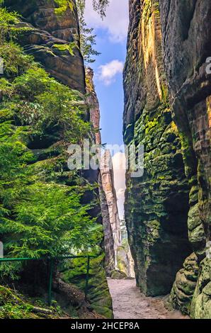 Sentier de randonnée le long des rochers de Prachov (Prachovske Skaly), Bohemian Paradise (Cesky Raj), Kralovehradecky kraj, République tchèque. Banque D'Images