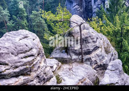 Sommet rocheux avec registre des sommets dans les rochers Prachov (Prachovske Skaly), Bohemian Paradise (Cesky Raj), Kralovehradecky kraj, République tchèque. Banque D'Images