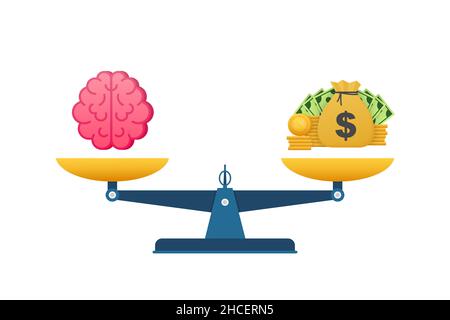 Pour la conception de concept.Illustration vectorielle du mécanisme permettant de comparer la valeur du travail de cerveau et de l'argent sur les échelles. Concept de santé mentale. Illustration de Vecteur