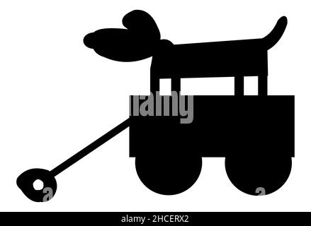 Silhouette noire d'un chien dans une roue à roulettes, jouet pour les enfants, chiot dans le chariot Illustration de Vecteur