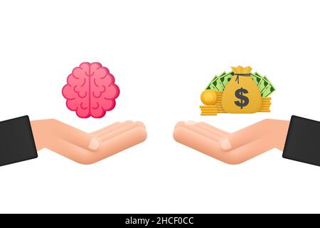 Pour la conception de concept.Illustration vectorielle du mécanisme permettant de comparer la valeur du travail de cerveau et de l'argent sur les échelles. Concept de santé mentale. Illustration de Vecteur