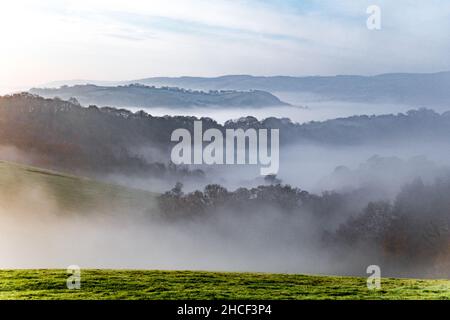 Royaume-Uni, Angleterre, Devonshire, Teign Valley.Brume matinale au-dessus de la vallée de Teign dans le sud du devon. Banque D'Images