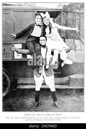 Douglas Fairbanks, Charlie Chaplin, Mary Pickford, quand le Cirque vient à Town-1919. Banque D'Images