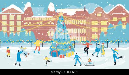 Les gens heureux patinent sur la patinoire de noël Illustration de Vecteur