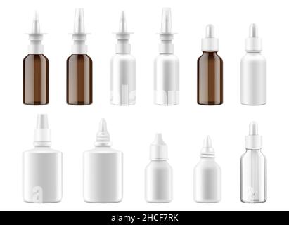 Kit de maquettes de compte-gouttes et de flacons pulvérisateurs.3D récipients médicaux réalistes pour le nez, les gouttes pour les yeux, l'huile aromatique.Flacons en plastique et verre isolés Vector wi Illustration de Vecteur