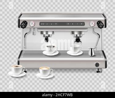 Machine à café professionnelle moderne en métal avec tasses en porcelaine blanche, vue de face rendu réaliste 3D isolé sur fond blanc.Cappuccina espresso Illustration de Vecteur