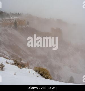 Les bords en pente de l'amphithéâtre de Bryce Canyon dans la tempête de brouillard d'hiver et le blizzard Banque D'Images