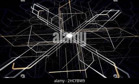 Carte électronique avec électrons en mouvement, données de traitement de l'UC.Visualisation abstraite des détails informatiques, concept des technologies modernes. Banque D'Images