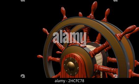 Barre de double grand navire en bois et pièces en bronze.Navire à gouvernail utilisé par les anciens navires du 18th siècle.Isolé sur fond noir. Banque D'Images