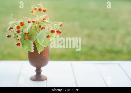 Brousse fraisier mûre fraîche avec feuilles vertes dans un vase brun argileux en forme de verre sur une table en bois blanc.Arrière-plan vert.Mise au point sélective. Banque D'Images