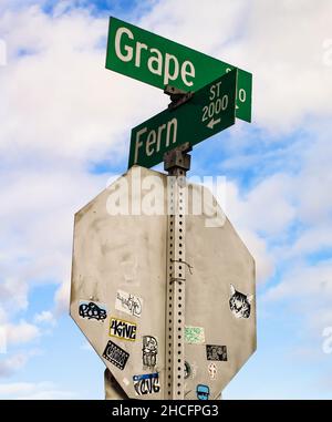 Panneau d'intersection de rue/arrière du panneau d'arrêt avec autocollants étiquetés sur celui-ci avec un fond ciel nuageux. Banque D'Images