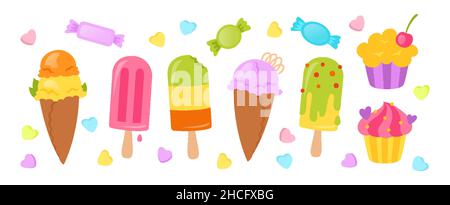 Ensemble de dessins animés crème glacée.Muffin, sucettes, crèmes glacées, fruits à la vanille, lally aux baies.Collection d'été de kawaii, mets sucrés colorés.Illustration vectorielle de dessert isolée Illustration de Vecteur