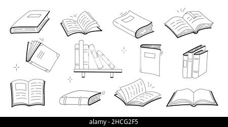 Croquis de livres, manuels ouverts et fermés, dictionnaire ou romans avec couvertures vierges.Ensemble d'icônes de littérature pour bibliothèque, école ou magasin isolé sur fond blanc Illustration de Vecteur