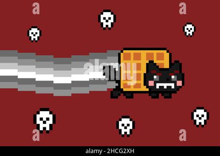 Mal noir gaufré chat avec la fumée pixelated crâne meme flottant sur fond rouge.Style d'art 8 bits coloré.Illustration vectorielle numérique plate Illustration de Vecteur