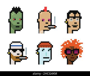 Collection Cryptopunk NFT.Divers caractères rétro pixel art 8 bits.Des ressources de jeux zombies, punk, humains et extraterrestres.Illustration vectorielle plate sur fond blanc Illustration de Vecteur