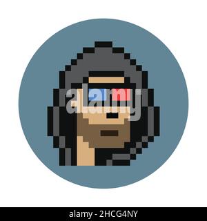 Cryptopunk Homme ombragé portant des sweats à capuche et 3D verres pixel art NFT.Jeton non fongible.Supports de jeu rétro 8 bits.Illustration vectorielle plate isolée sur W Illustration de Vecteur