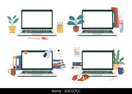 Jeu de modèles de maquette d'écran d'ordinateur portable vides.Bureau Configuration de travail avec ordinateur portable et autre objet utilitaire.Illustration vectorielle plate isolée Illustration de Vecteur