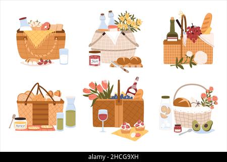 Ensembles de divers plats délicieux dans un panier pour pique-nique.Pain brun, vin, fleur, confiture, miel,et autres en-cas de fantaisie Illustration de Vecteur