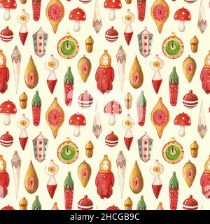 Vintage jouets de Noël aquarelle sans coutures motif.Carte de vœux du nouvel an.Il peut être utilisé pour décorer des paquets de vacances, des tissus, du papier d'emballage, des textiles isolés sur fond jaune. Banque D'Images