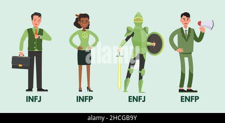 Ensemble de diplomates type de personnage homme et femme avec un travail différent basé sur le test de personnalité MBTI.Illustration isolée à vecteur plat Illustration de Vecteur