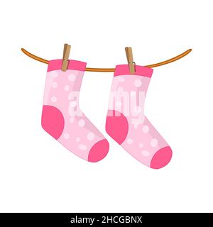 Chaussettes suspendues sur corde isolées sur fond blanc.chaussettes roses sur corde à linge.chaussettes en coton ou laine sèches et pendre sur corde à linge avec goupille à linge.Vector Illustration de Vecteur