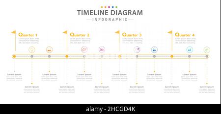 Modèle d'infographie pour les entreprises.Diagramme de Gantt mensuel avec les trimestres en ton jaune, infographie vectorielle de présentation. Illustration de Vecteur