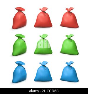 Sac ou sac en tissu de dessin animé réaliste avec attache en paille et ceinture en cuir.Jeu de sacs rouges de couleur verte et bleue.Illustration vectorielle Illustration de Vecteur