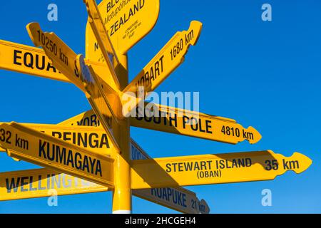 Panneau routier dans le Stirling Point, Bluff, en Nouvelle-Zélande. La plupart des sud de Nouvelle-zélande point Banque D'Images