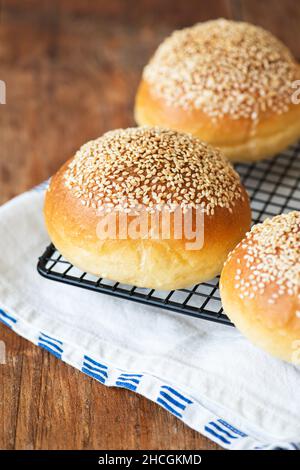 Petits pains à hamburger fraîchement cuits aux graines de sésame sur fond de bois.Gros plan. Banque D'Images